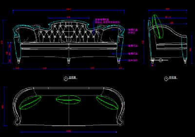 欧式三人沙发CAD三视图