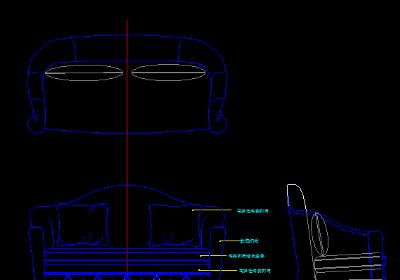 欧式二人沙发CAD三视图
