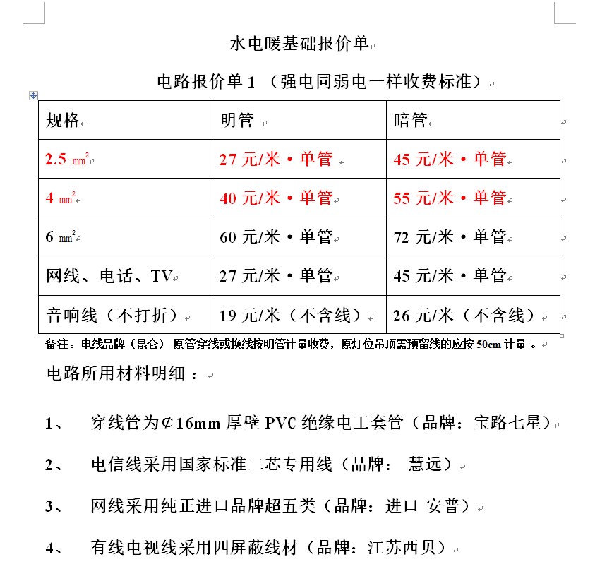 西安装修公司水电暖基础报价单参考报价